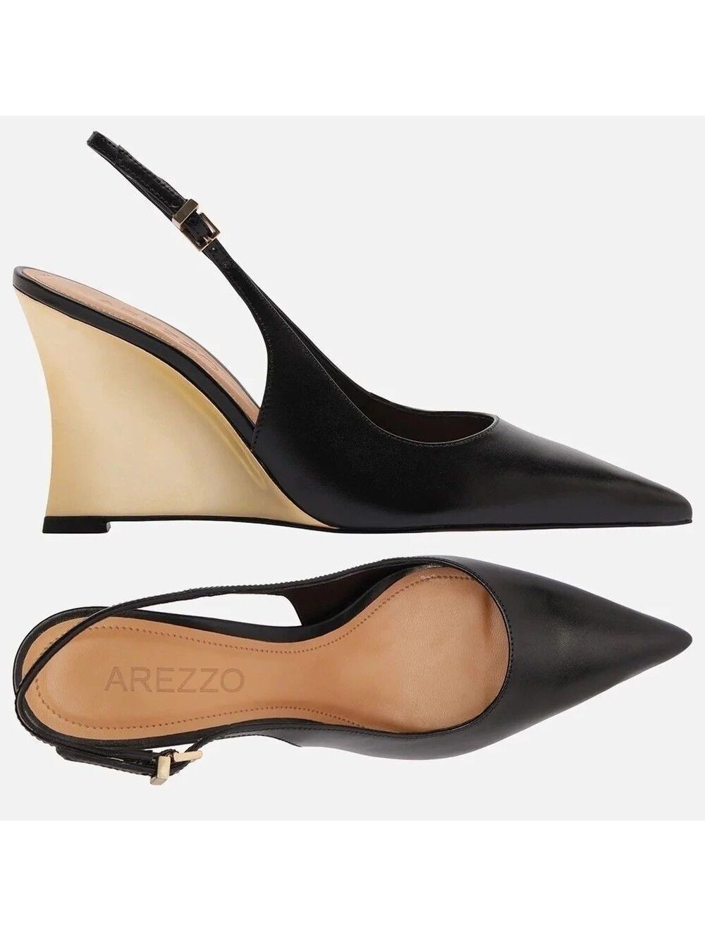 Arezzo Preto Couro Anabela Slingback Black-Gold 7.5 ($120)